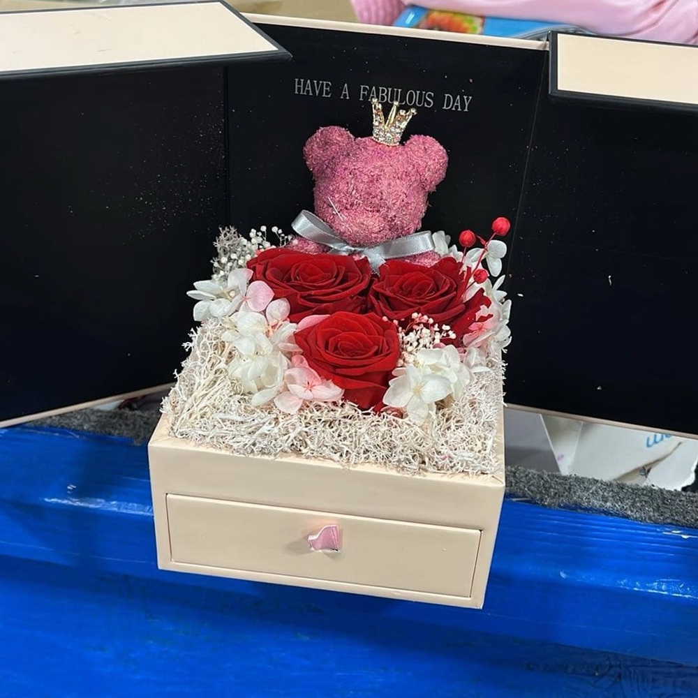 Elegant Gift Box with Red Roses and Pink Bear